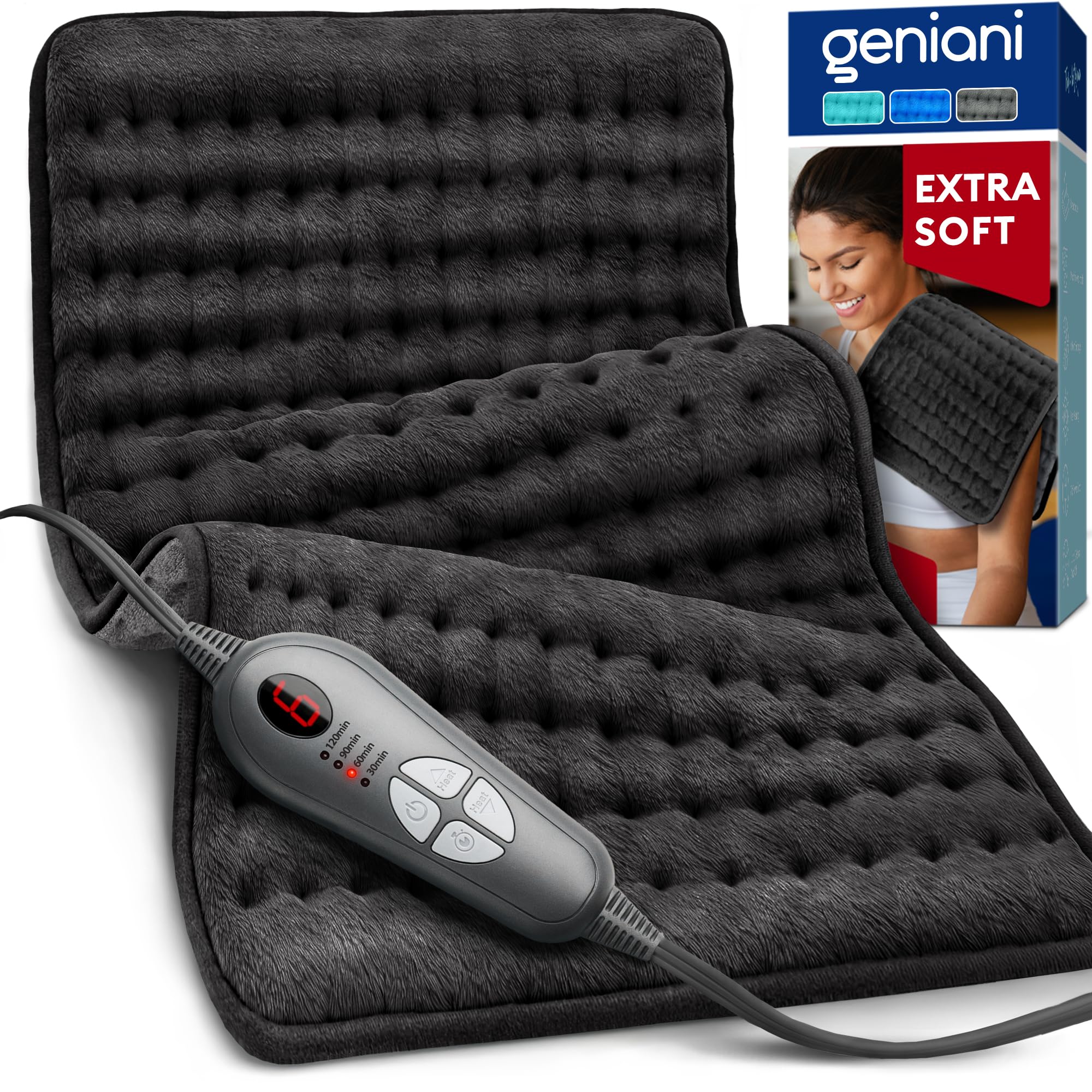 GENIANI Electric Heating Pad for Back Pain & Cramps Relief, Auto Shut Off, Machine Washable, Double Sided Heating Pad for Neck & Shoulder, Microplush, 12x24, Charcoal Black