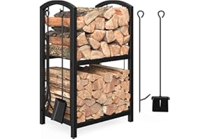 Mr IRONSTONE Firewood Rack with Fireplace Tools Set, Fireplace Tool Rack for Indoor Outdoor Fire Log Holder Wrought Iron Large Wood Stove with Firepit Tools, Brush, Shovel, Poker, Tongs, Black