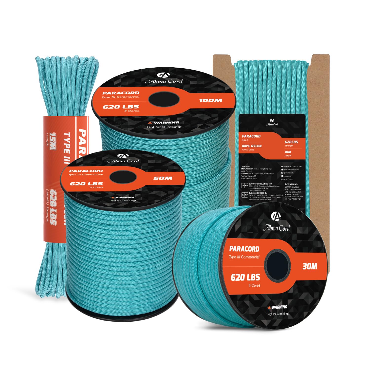 Abma Cord Paracord 4mm 30m 100% Nylon Rope 9 Strands Type III Parachute Cord for DIY, Camping, Survival, Outdoor - Max. 280kg - Turquoise