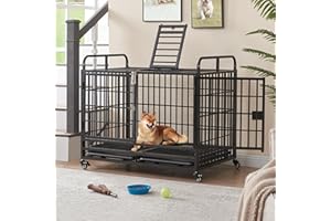 LAUREN HAROLD Lauren&Harold 42 Inch Heavy Duty Dog Crate for Medium/Small Dogs, Metal Dog Kennel Indoor with Top Door&Feed Door, Easy-to-Clean Dog Cage with Removable Tray&Wheels, Medium Dog crates Furniture