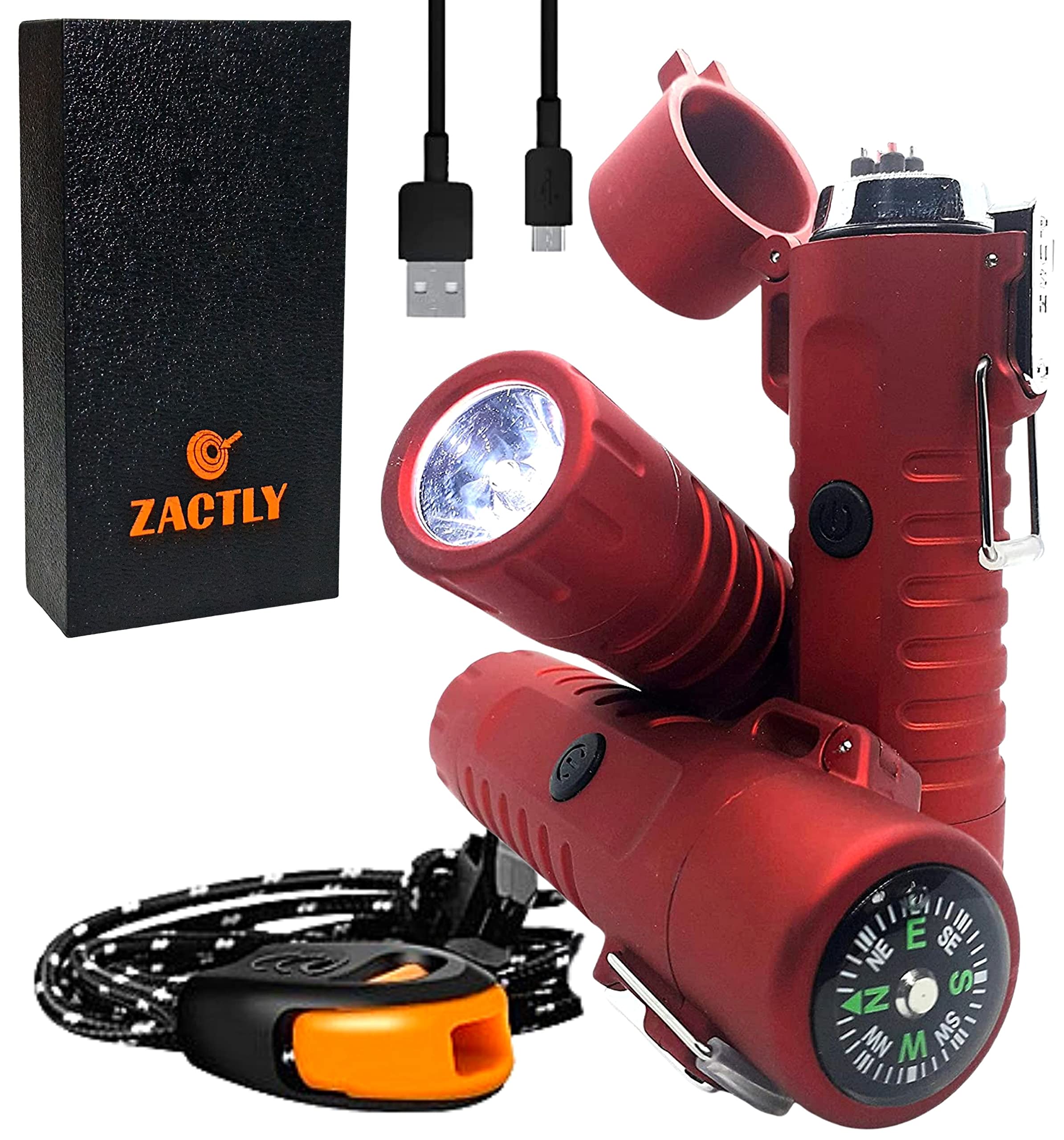 Zactly MODEL AL02 Electric Dual Arc USB Lighter Multifunction Waterproof Windproof Dustproof Rechargeable with Led Flashlight & Emergency Whistle, Camping & Outdoor Survival Tactical Tool (RED)