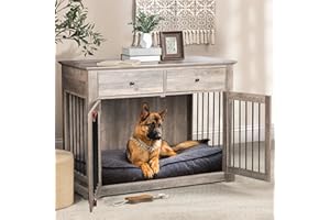 LEMBERI 44 Inch Large Dog Crate Furniture with 2 Storage Drawers, Wooden Dog Kennel Furniture as End Table, Decorative Pet Cage Dog House Indoor for Dogs