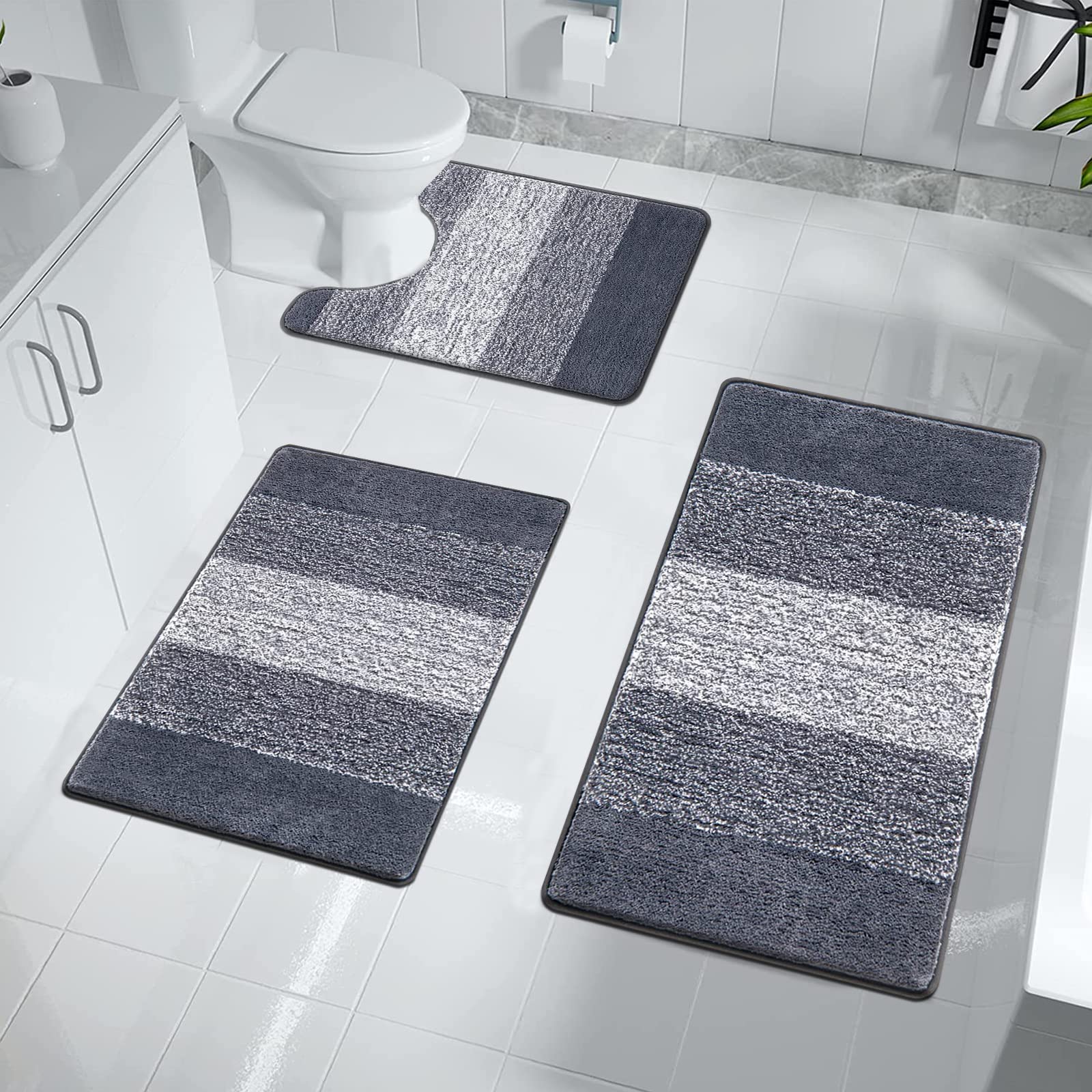 Enyhom Bath Mat Sets 3 Piece Non Slip Washable Bathroom Mat and Pedestal Mat for Toilet Soft Water Absorbent Bath Toilet Rug Floor Shower Rug, Dark Grey
