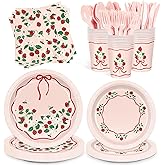 Vellumvibe 168pcs Strawberry Paper Plates Napkins Disposable Paper Cups Strawberry Tableware Set for Wedding Birthday Party Supplies Serve 24 Guests