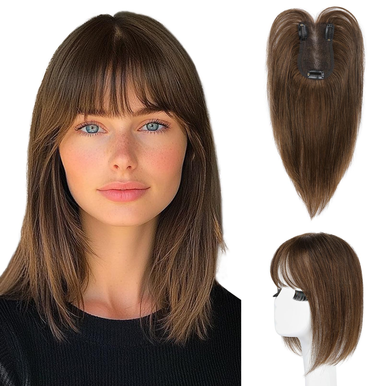 Photo 1 of HOOJIH Real Human Hair Topper with Bangs for Women with Thinning Hair Large Base Handmade Invisiable Lace Topper Wig - Medium Brown