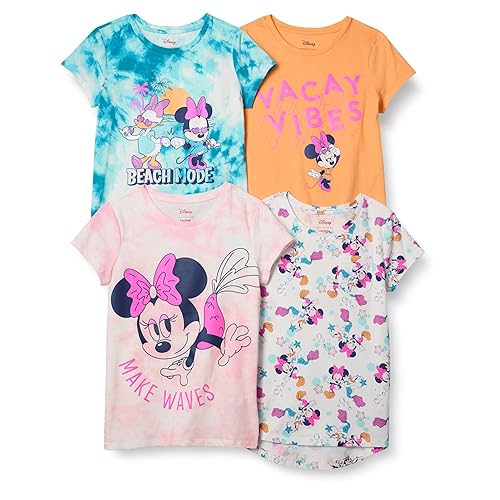 Amazon Essentials Disney | Marvel | Star Wars | Frozen | Princess Girls' Short-Sleeve T-Shirts, Pack of 4, Minnie/Beach, Medium