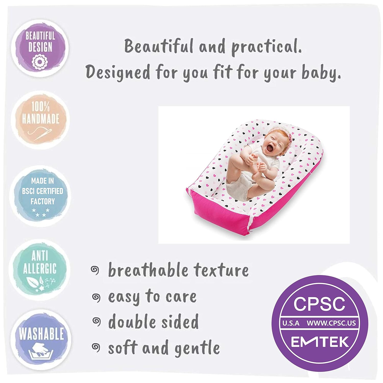 Premium Baby Lounger - Durable Cotton Blend Co Sleeper - Soft Portable Baby Nest Sleeper - Perfect for Co Sleeping and Travelling, Pink Hearts: Kitchen & Dining