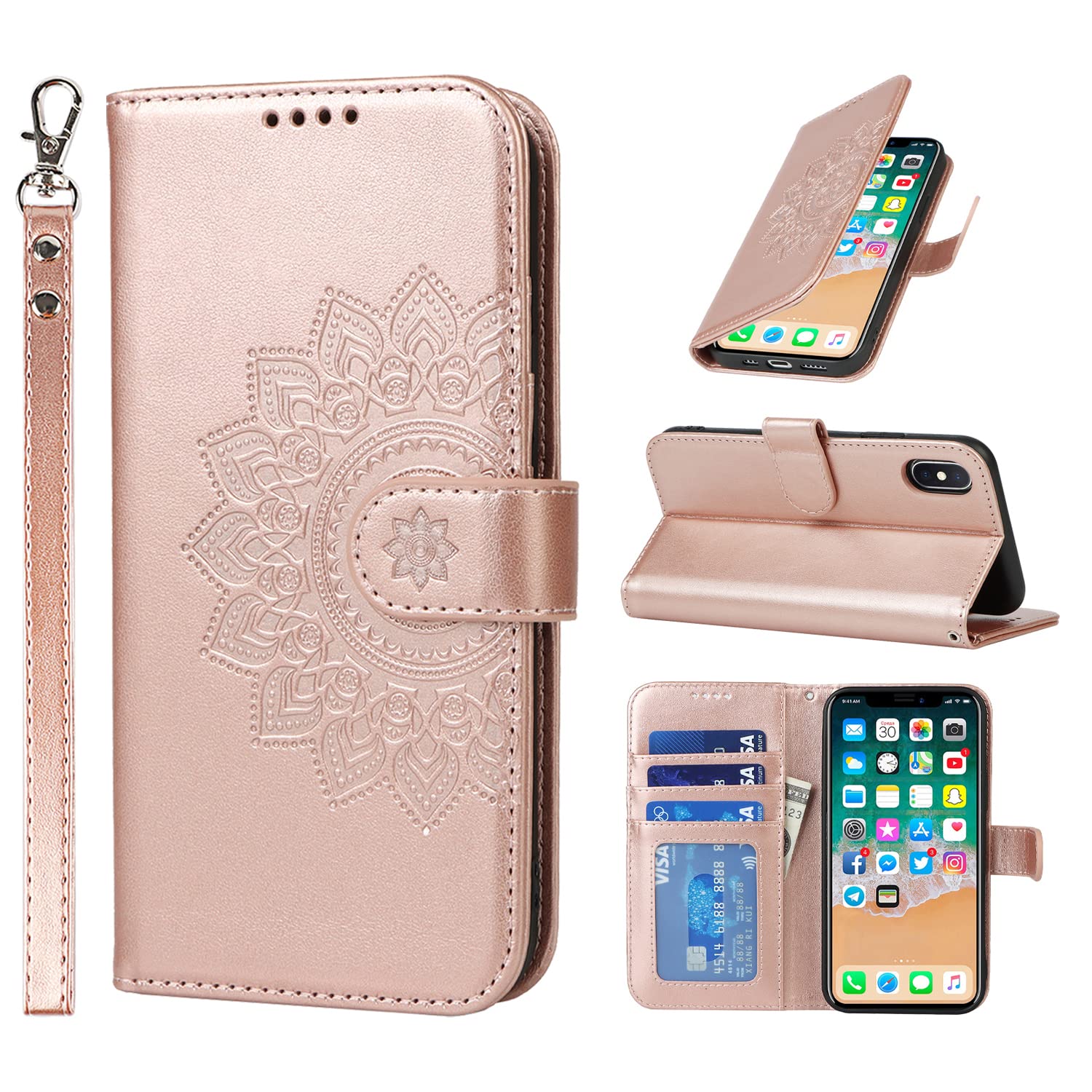 ELTEKER Wallet Case Compatible with iPhone X with [Creadit Card Holders] [Kickstand], PU Leather Phone Cover Flip Wallet Case- Rose Gold — image 1