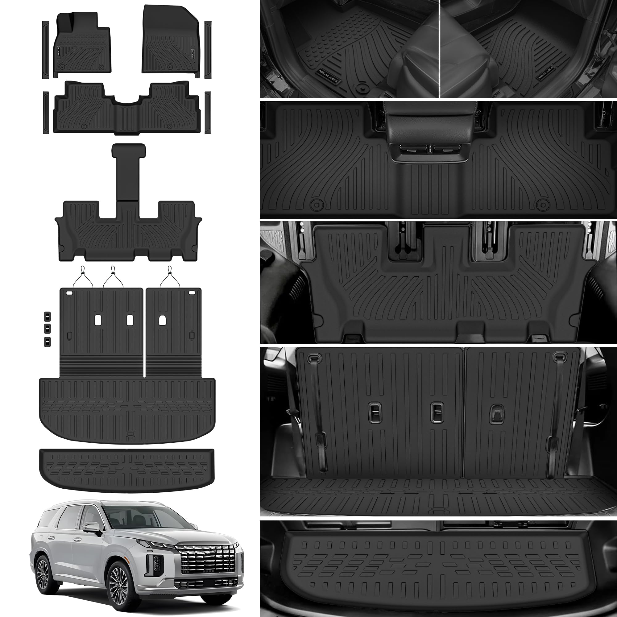 Floor Mats & Cargo Liner with Backrest Mat Fit for 2020-2025 Hyundai Palisade 7/8 Seat (Only Fuel), Trunk Mat with Seat Back Cover and Lower Cargo Mat All Weather TPE for 2024 Palisade Accessories Image