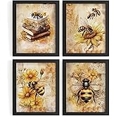 WXHUM 4Pcs Vintage Bumble Bee Sunflower Floral Wall Art Decor for Home Kitchen Bedroom Living Room Bathroom, Rustic Vintage Botanical Prints Wall Art Bee Decor for Farmhouse, 8x10 inch Unframed