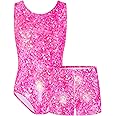 TENVDA Gymnastics Leotards for Girls 5-12 Years Old Sparkly Dance Tumbling Outfit Matching Shorts Set