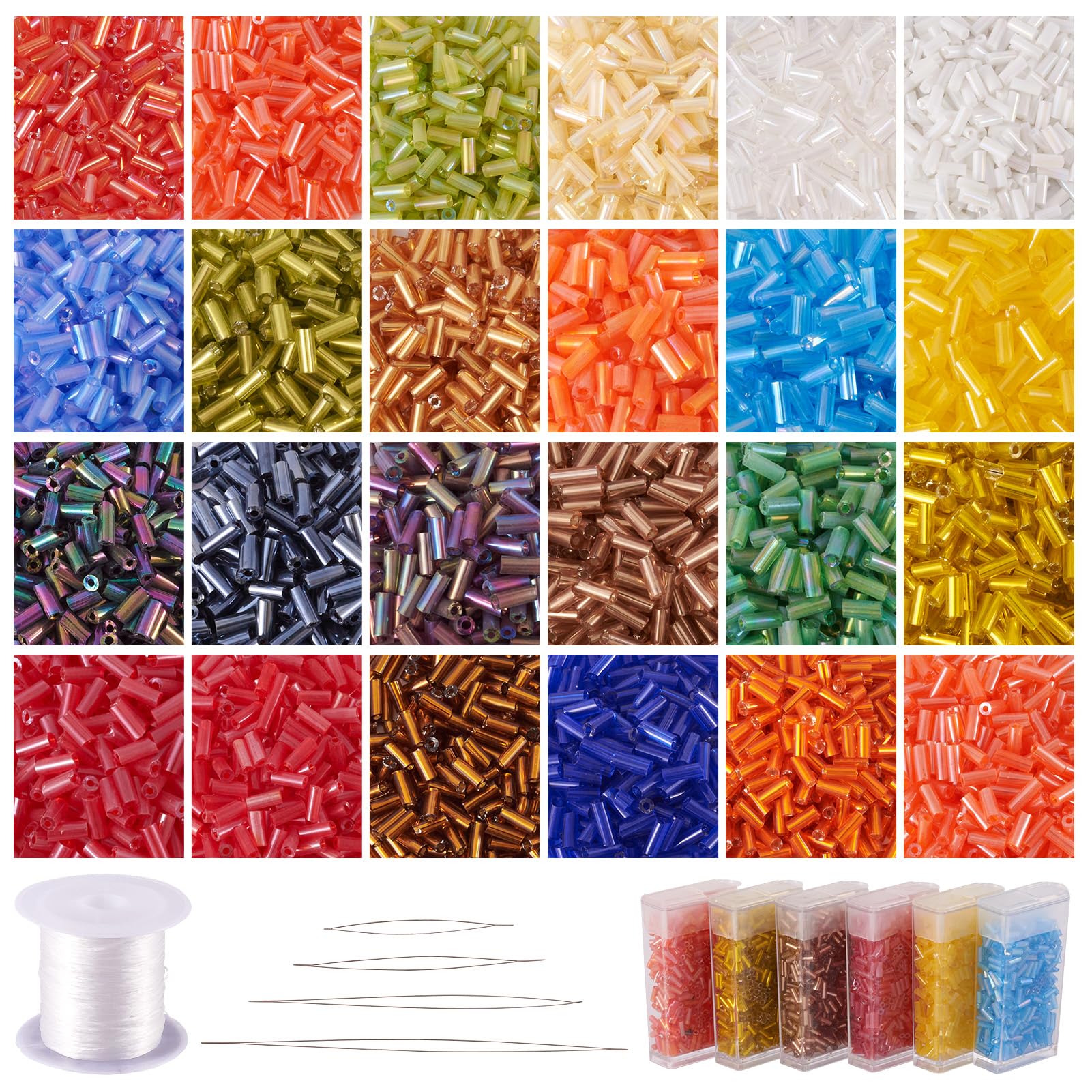 PandaHall 6400pcs 24 Colors Tube Glass Bugle Beads 4.6~5mm with 4pcs Stainless Steel Big Eye Needles & 2 Rolls Crystal Thread for Jewelry Making