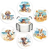 Drink Coasters with Holder,6 Pcs Dog Beach Absorbent Ceramic Drink Pads, Non-Slip Table Protectors for Coffee & Glasses