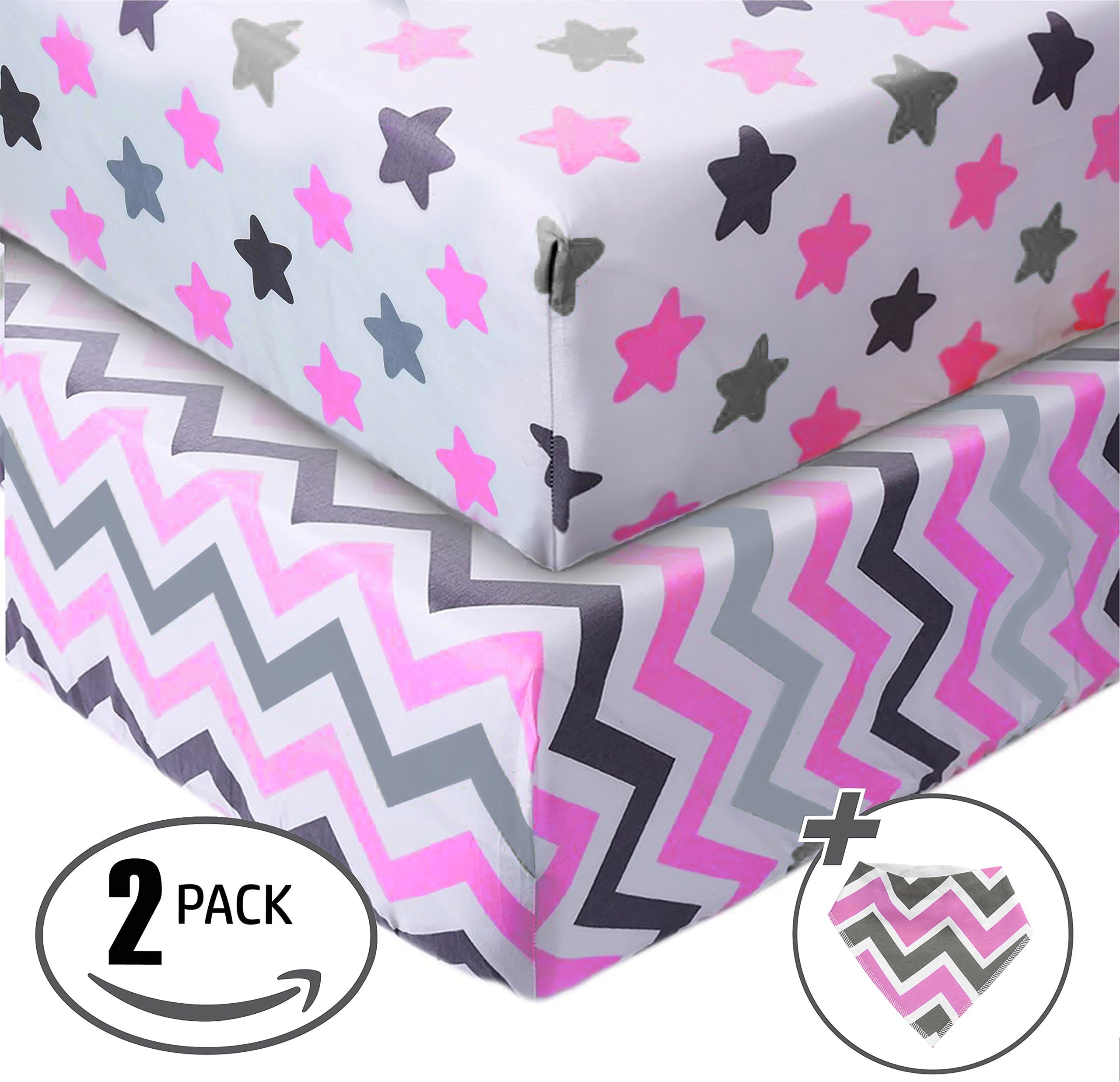 Jersey Cotton Fitted Crib Sheets, 2 Pack-100% Organic & Shrink-Resistant for Girl's-Soft and Protective-Chevron & Stars-Grey & Pink Design,Standard crib Mattress- No Rips or Holes with Use,Guaranteed!