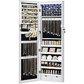 SONGMICS 6 LEDs Mirror Jewelry Cabinet, 47.2-Inch Tall Lockable Wall or Door Mounted Jewelry Armoire Organizer with Mirror, 2 Drawers, 3.9 x 14.6 x 47.2 Inches, White UJJC93W