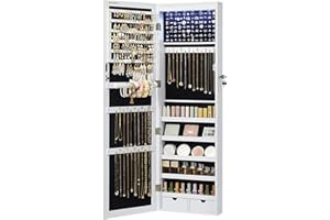 SONGMICS 6 LEDs Mirror Jewelry Cabinet, 47.2-Inch Tall Lockable Wall or Door Mounted Jewelry Armoire Organizer, White UJJC93W