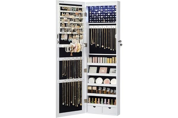 SONGMICS 6 LEDs Mirror Jewelry Cabinet, 47.2-Inch Tall Lockable Wall or Door Mounted Jewelry Armoire Organizer, White UJJC93W