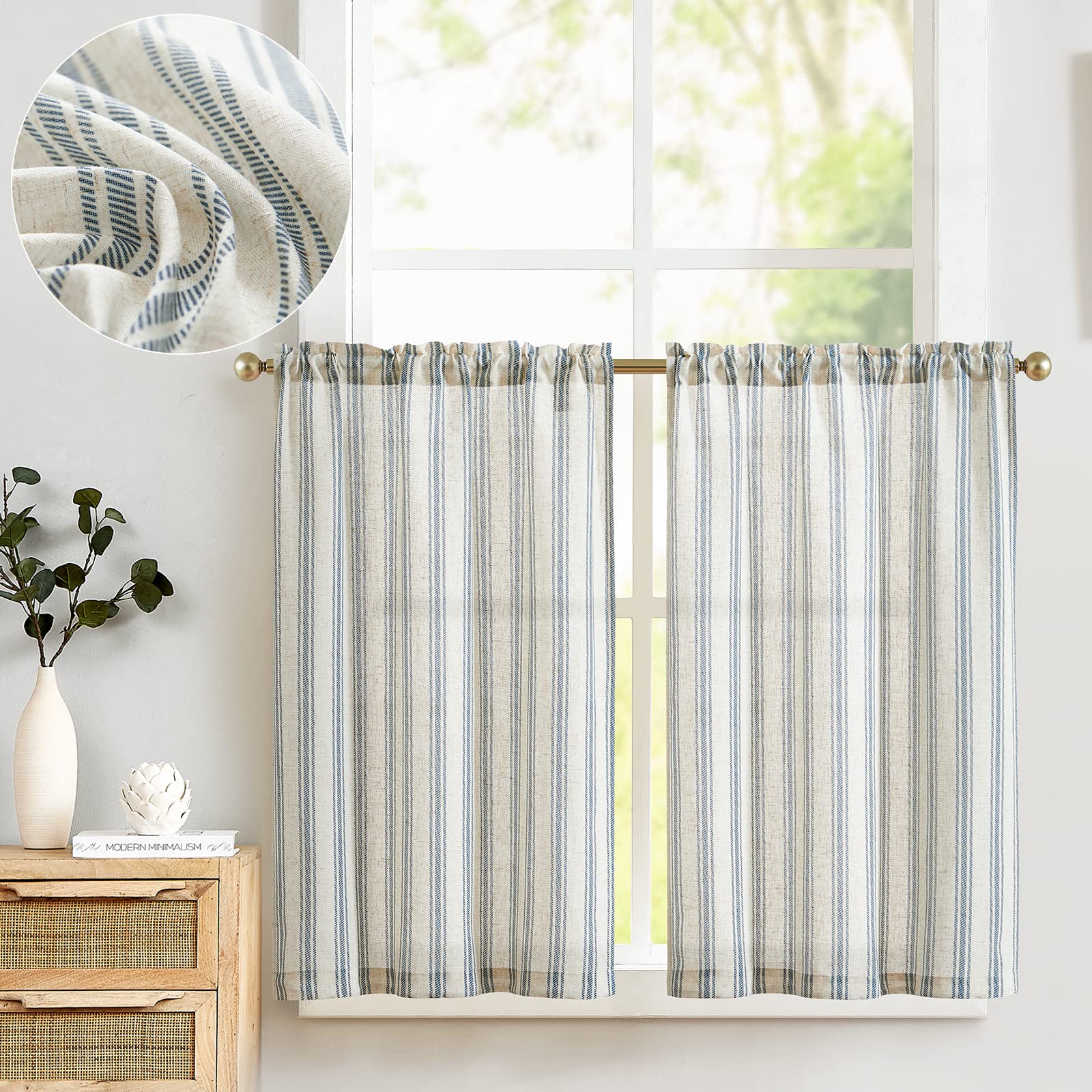 TOPICK Linen Striped Cafe Curtains - 24 Inch Drop, Small Window, Translucent, Ticking Stripe, Light Filtering, Farmhouse Bathroom, Laundry, 2 Panels, Blue Stripe — image 1