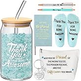 Funnymoom 7 Pcs Employee Appreciation Gift for Women Thank You Gift May You Be Proud Journal Makeup Bag Glass Tumbler Socks Ballpoint Pen Keychain for Women Coworker Teacher Employee Nurse(Blue Green)
