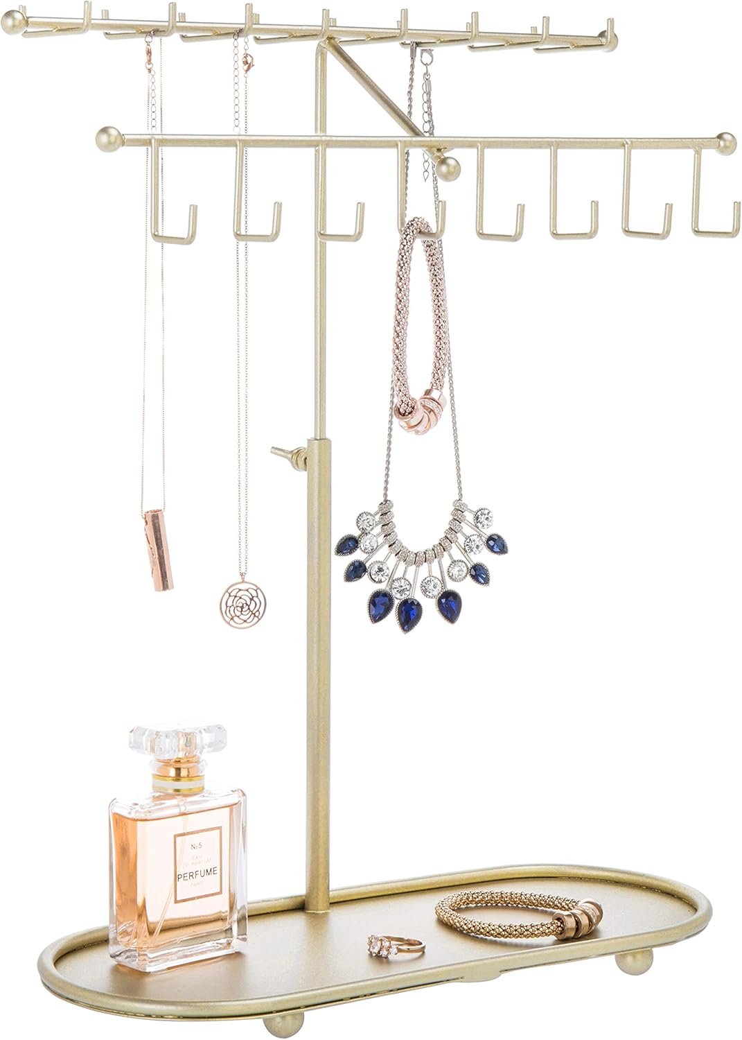 MyGift Gold-Tone 2-Tier Adjustable-Height Necklace & Bracelet Stand with Ring Tray