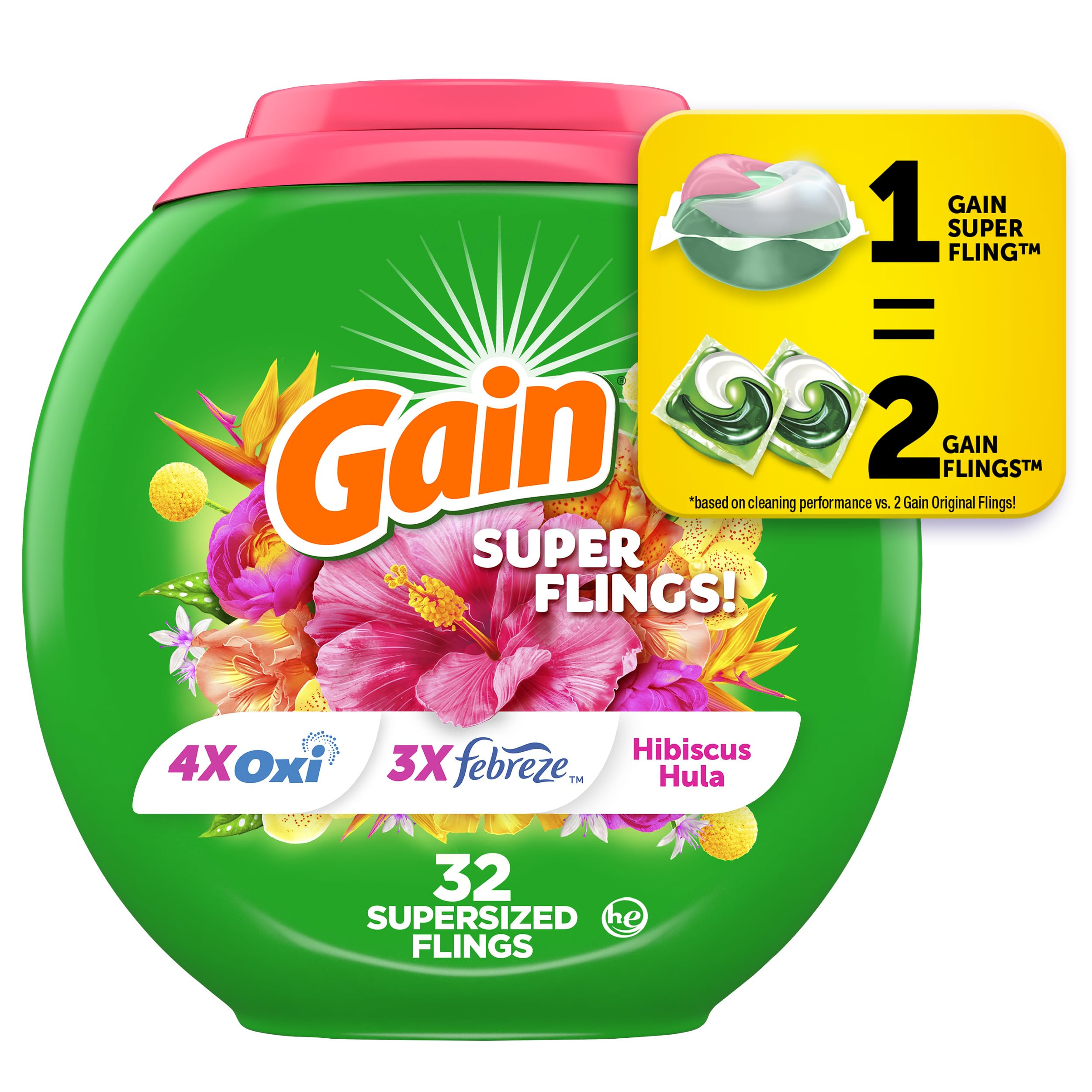Gain Super Sized Flings Laundry Detergent Pacs, 32 Count, Hibiscus Hula Scent