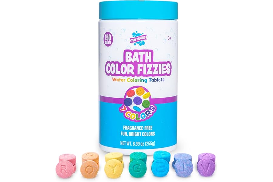 Tub Works® Bath Color Fizzies, 150 Count | Nontoxic & Fragrance-Free | Fizzy, Bath Color Tablets for Kids | Create Colorful Water | Water Tablets in 7 Colors for Variety | Bath Bombs for Kids Bathtub