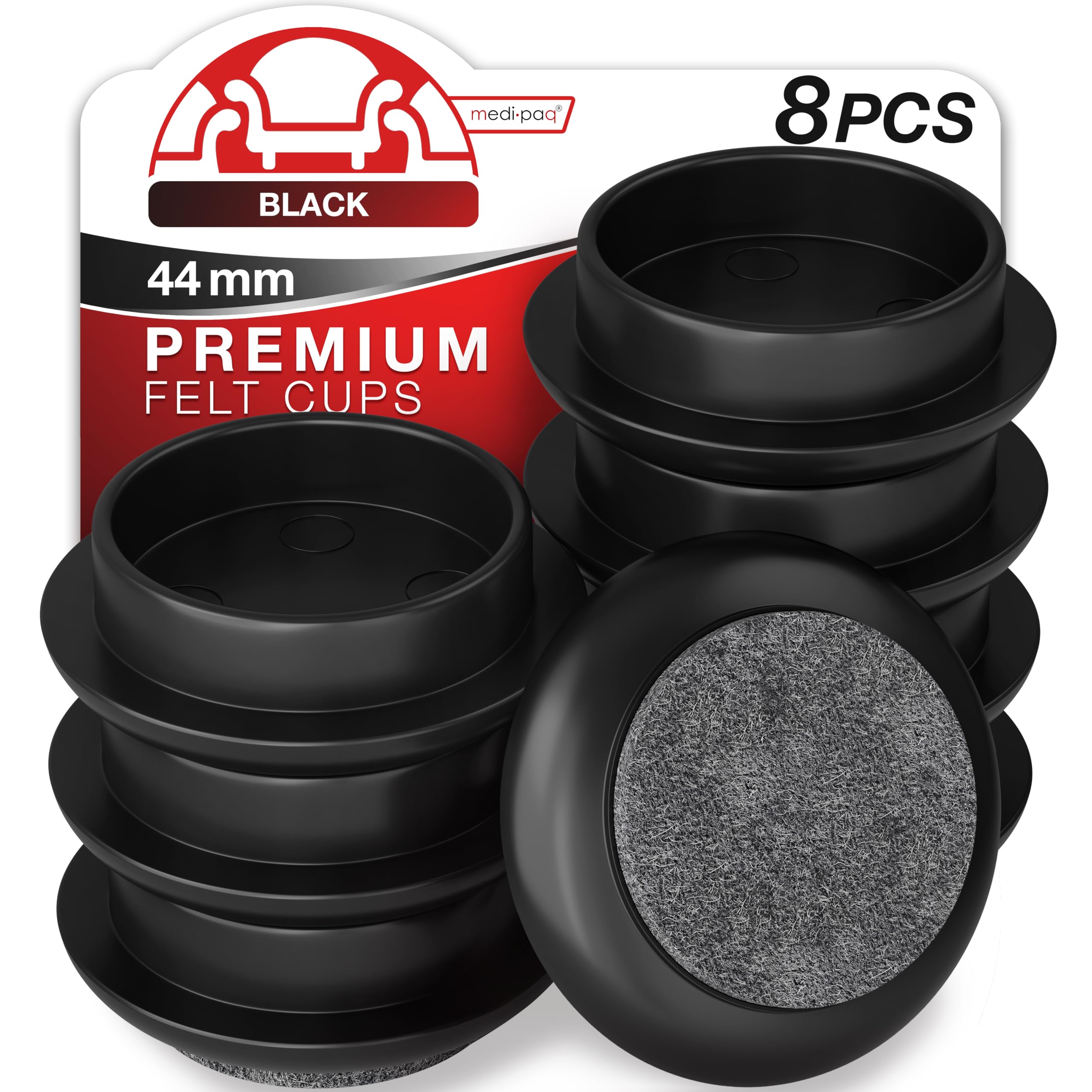 Medipaq Felt Castor Cups – 8x Small 44mm Black – Protects Wooden & Smooth Floors – Chair & Furniture Leg Protectors