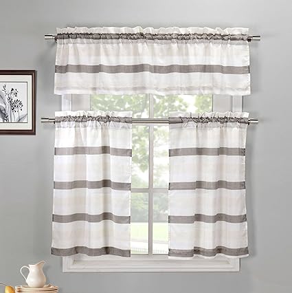 DUCK RIVER TEXTILES - Akua Solid Kitchen Window Curtain Tier & Valance Set, 2 30 X 36 Inch | 1 60 X 16 Inch, Brown & Beige