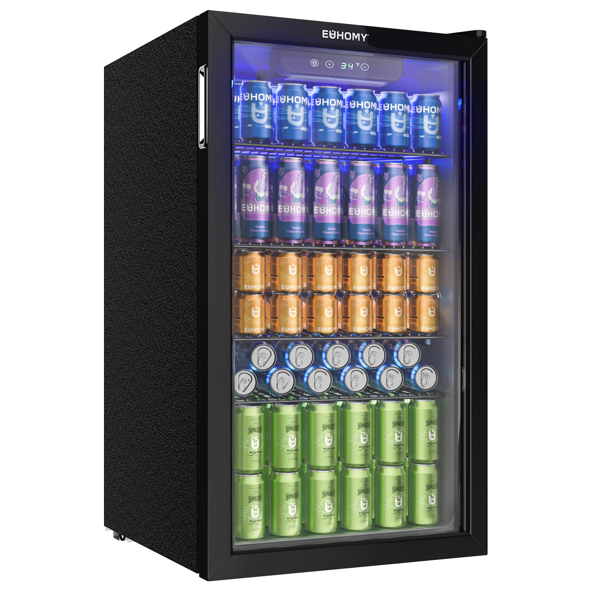 EUHOMY 90L Getränkekühlschrank, Mini-Kühlschrank für 126 Dosen mit Glastür, kleiner Kühlschrank mit verstellbaren Regalen für Limonade, Bier oder Wein, für Zuhause/Bar/Büro, Schwarz Edelstahl