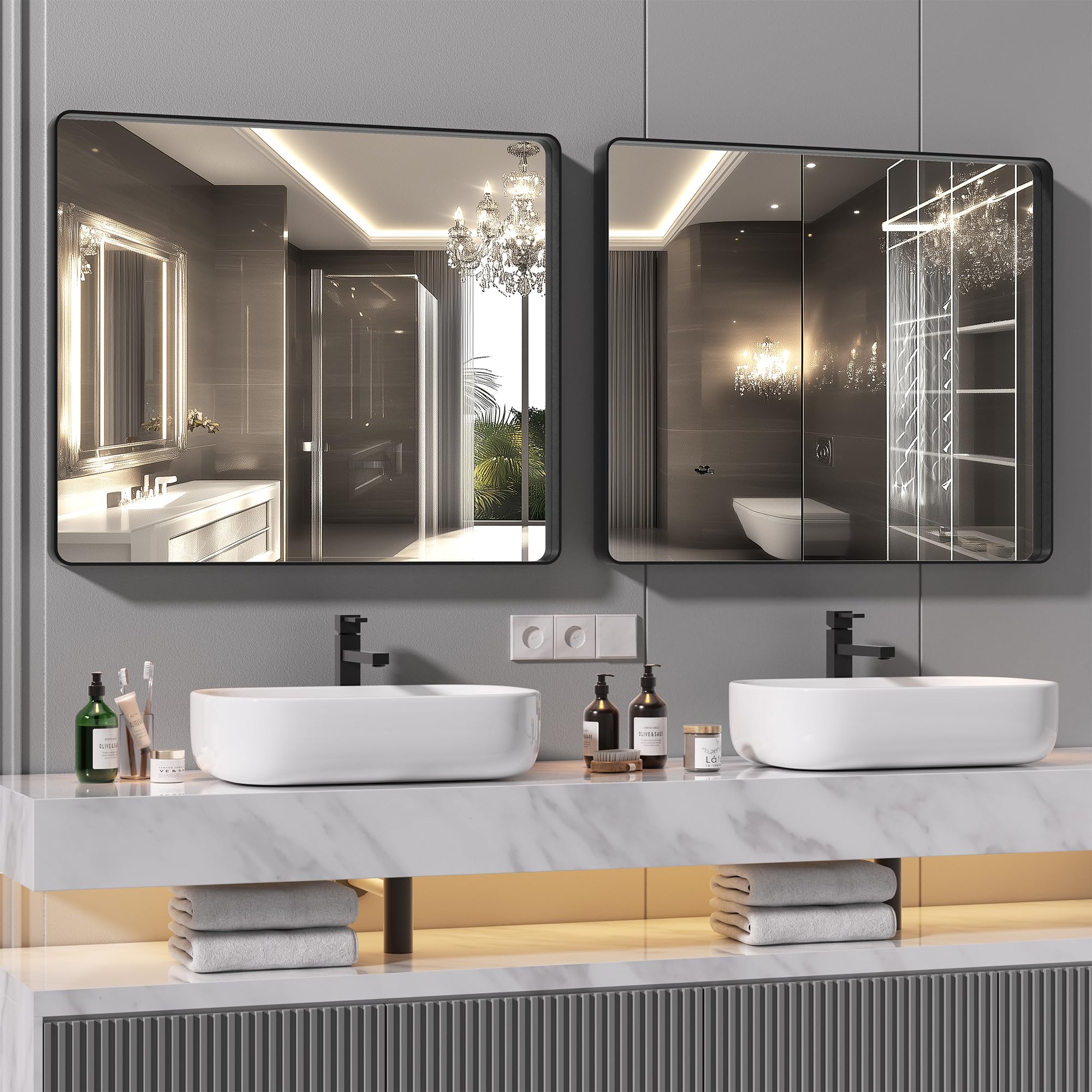 Hasipu 2 PCS Bathroom Mirror for Wall, 36 x 30 Inch Black Metal Framed ...