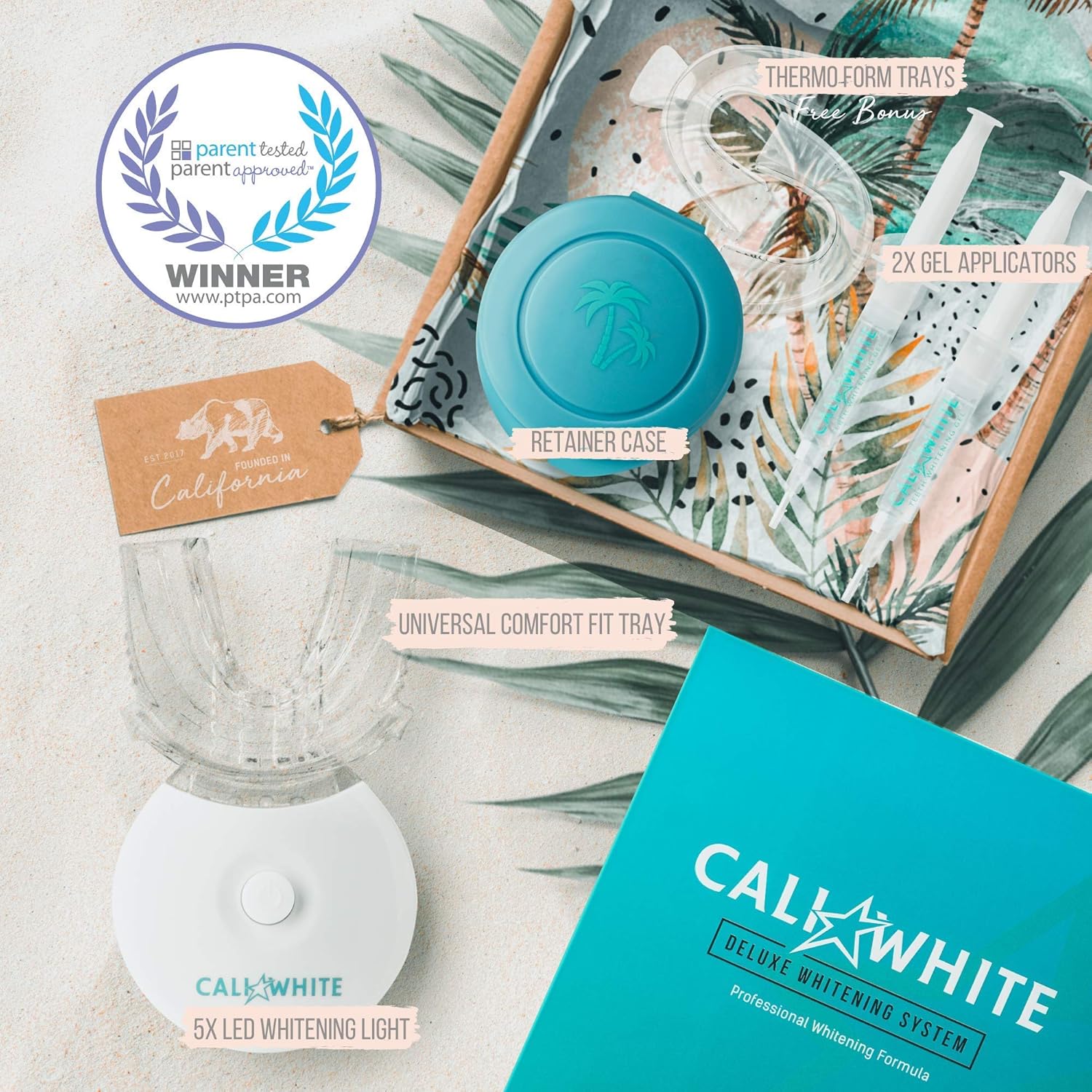 Cali White Vegan Teeth WHITENING KIT with LED Light, Made in USA, Natural & Organic Peroxide Gel, Professional Dental Whitener, Best Home System: 2 X 5mL Syringes, Custom Trays, Retainer Case: Beauty