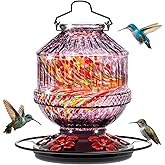 Hand Blown Glass Hummingbird Feeders for Outdoors, 25 Ounces Wild Bird Nectar Feeder with Perch & 5 Flower Feeding Ports Leak Proof Hanging for Garden Backyard Decor, Gifts for Women Mom, Purple