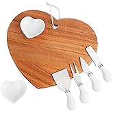 hecef 7pcs Cheese Board Set, Charcuterie Boards Set with Knives & Ceramic Bowls, Heart-shape Serving Board Set for Birthdays, Weddings, Housewarming (White)