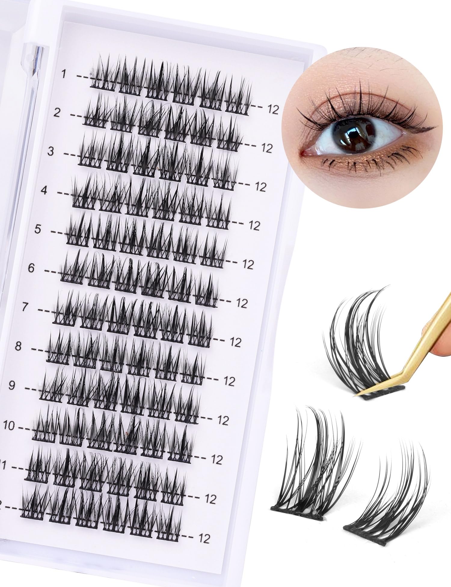 wiwoseo Lash Clusters 72Pcs Individual Lashes D Curl 12MM Eyelash Clusters False Eyelashes Natural Look Lashes for DIY at Home Lash Extension