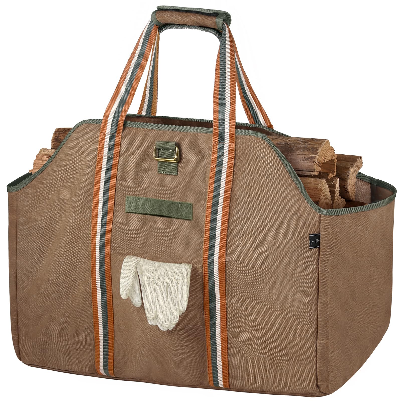 BONTHEE Firewood Carrier Bag Waxed Canvas Waterproof Extra Large Log Carrier Holder Freestanding Tote Bag for Firewood - Brown