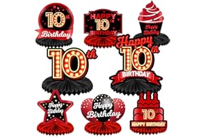 COOSOAR Happy 10th Birthday Red and Black Table Honeycomb Centerpieces Balloons Theme Decor Table Decorations Table Toppers for Girls Women Princess 10 Years Old Birthday Party Bday Supplies Background Gold