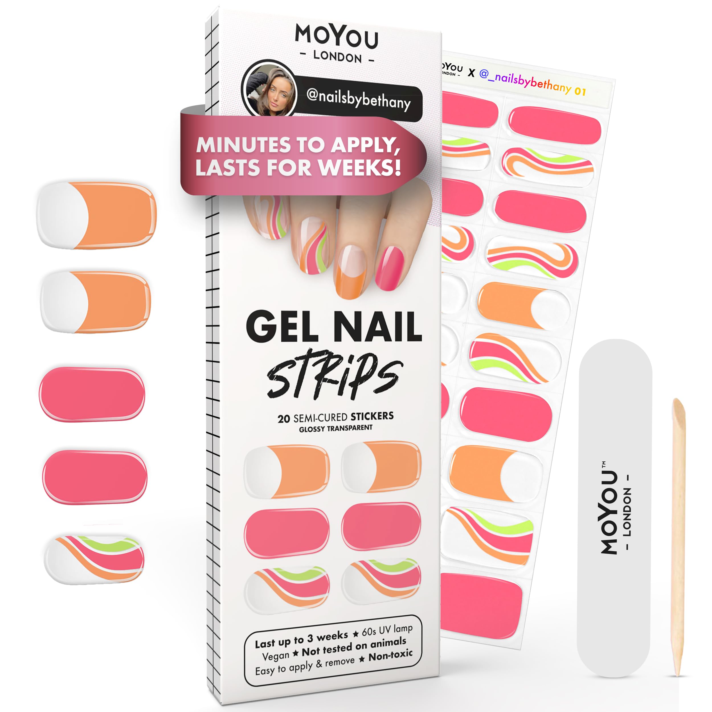 MOYOU LONDON Semi Cured Gel Nail Strips - 20 Pcs. Waterproof Gel Nail Wraps, Cures in Sunlight or UV/LED Lamp, Lasts Up to 2+ Weeks, Stretchable, Easy to Apply & Remove, Vegan & Cruelty-Free