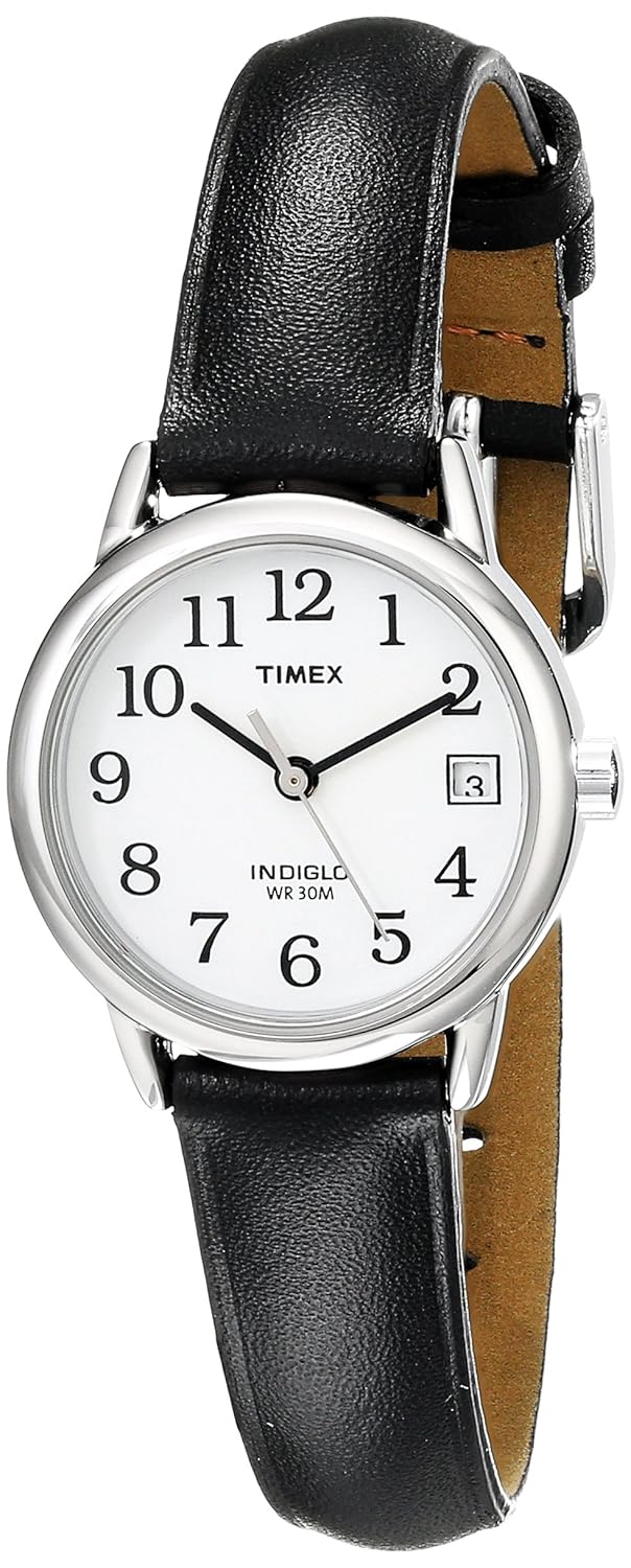 Timex Womens Easy Reader Date Leather Strap Watch Black/SilverTone