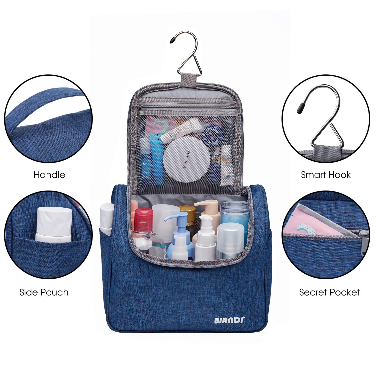 WANDF Hanging Toiletry Bag Travel Cosmetic Organizer Shower Bathroom Bag for Men Women Water-resistant  (M, Denim Navy Blue) : Beauty