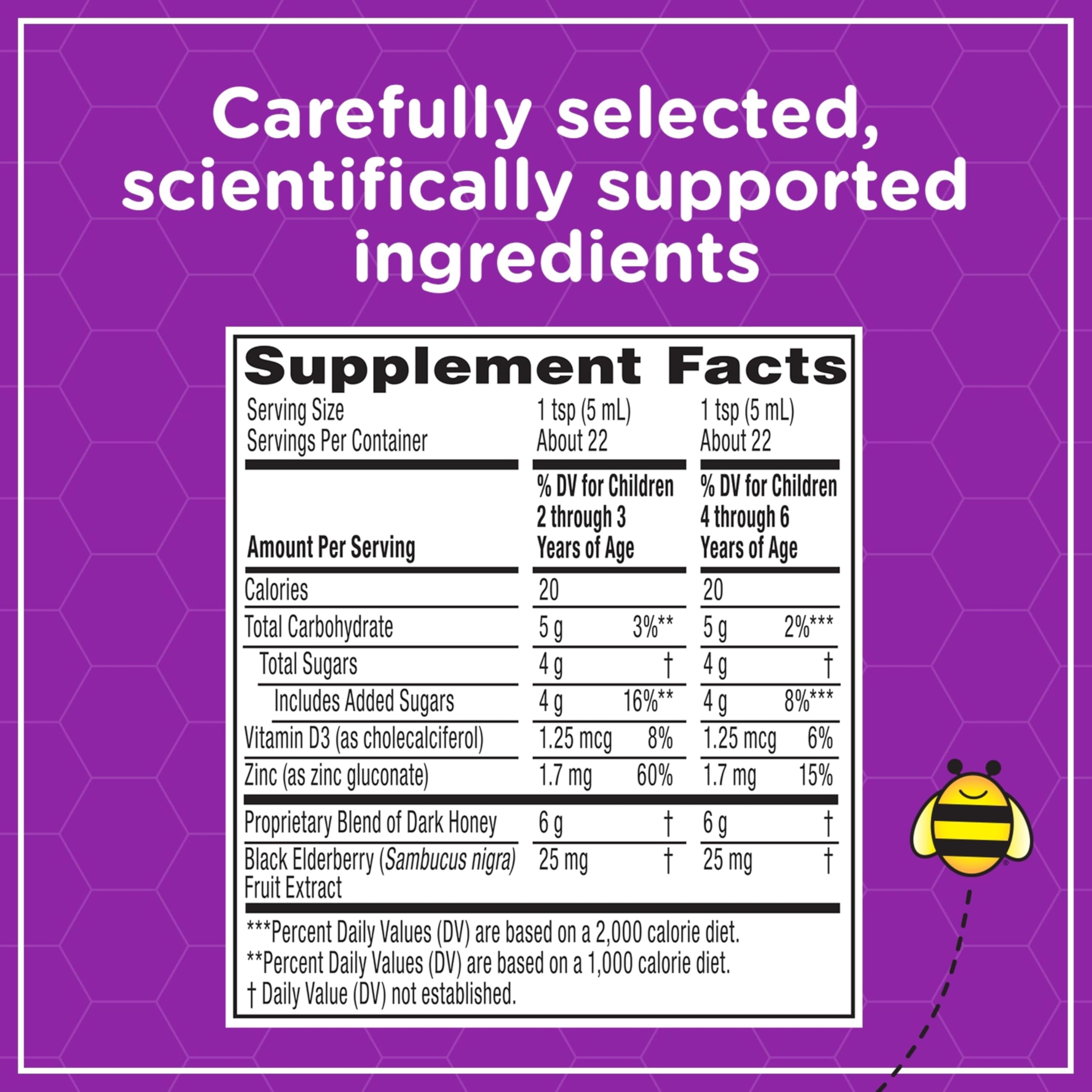 Zarbee's Children's Daytime Honey Cough Syrup + Immune for Kids 2+, Cough Syrup with Soothing Dark Honey, Real Elderberry, Vitamin D & Zinc, Drug & Alcohol-Free, Mixed Berry, 4 fl. oz