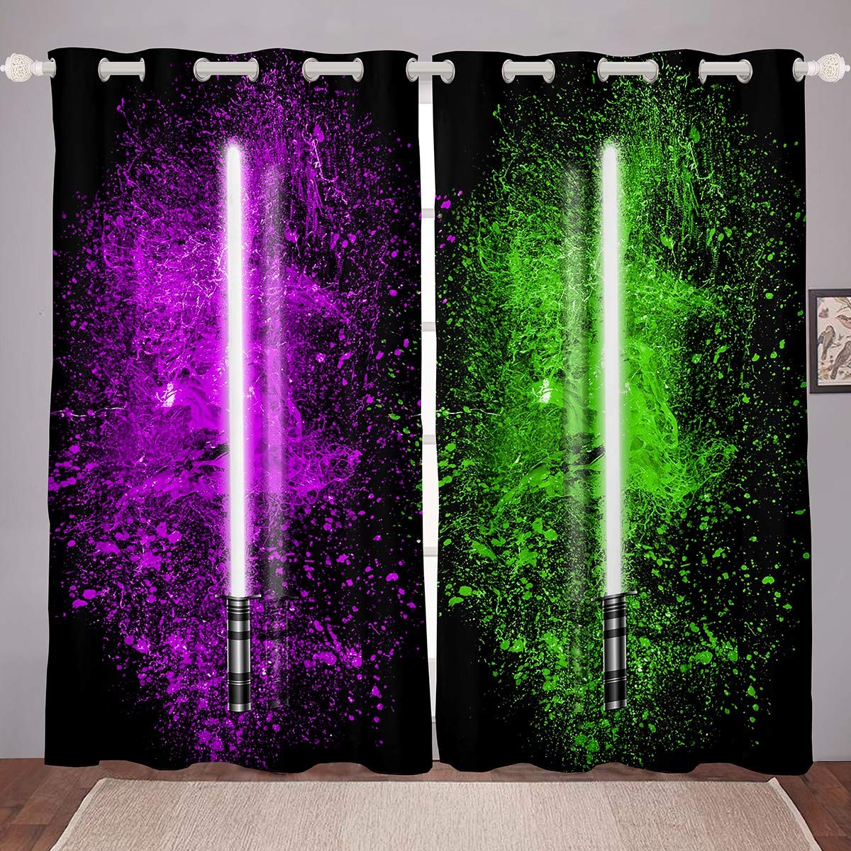 Lightsaber Windows Drapes Purple Green Tie Dye Curtains for Bedroom Living Room for Kids Boys Teens Future Technology Curtains Soft Lightweight Room Decoration,W46*L54