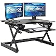 Rocelco 32" Height Adjustable Standing Desk Converter - Sit Stand Computer Workstation Riser - Dual Monitor Retractable Keyboard Tray Gas Spring Assist - Black (R EADRB2)
