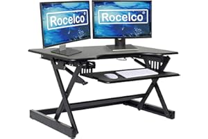 Rocelco 32" Height Adjustable Standing Desk Converter - Sit Stand Computer Workstation Riser - Dual Monitor Retractable Keyboard Tray Gas Spring Assist - Black (R EADRB2)