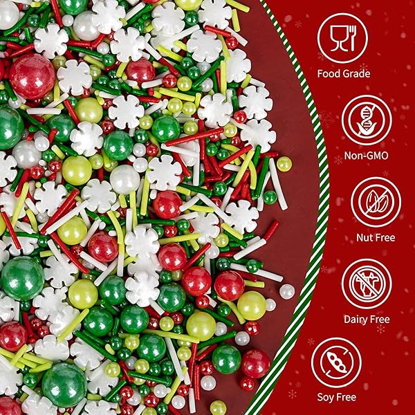 EDIBLE CHRISTMAS SPRINKLES FOR CAKE DECORATING,130G,WHITE SNOWFLAKES RED GREEN PEARLS AND JIMMIES MIX,EDIBLE WINTER SUGAR PEARL HOLIDAY SPRINKLE FOR CUPCAKE TOPPERS,COOKIE,ICE CREAM DESSERT DECORATIONS BIRTHDAY CHRISTMAS PARTY SUPPLIES
