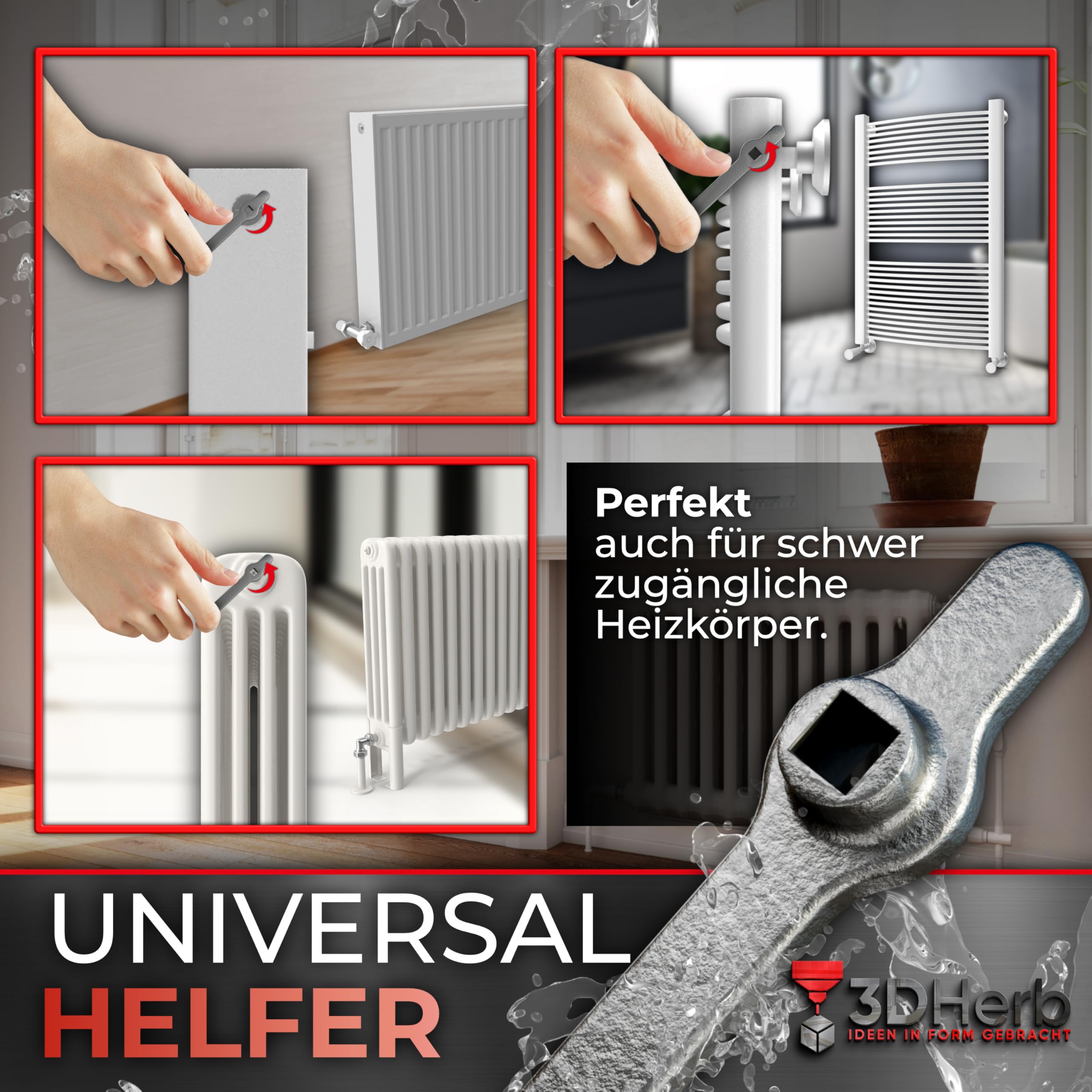 3DHerb Entlüftungsschlüssel, Edelstahl Heizungsschlüssel, Heizkörper Entlüftungsgriff, Vierkantschlüssel, Heizung entlüften, aus hochwertigem Edelstahl - DAS ORIGINAL - 4