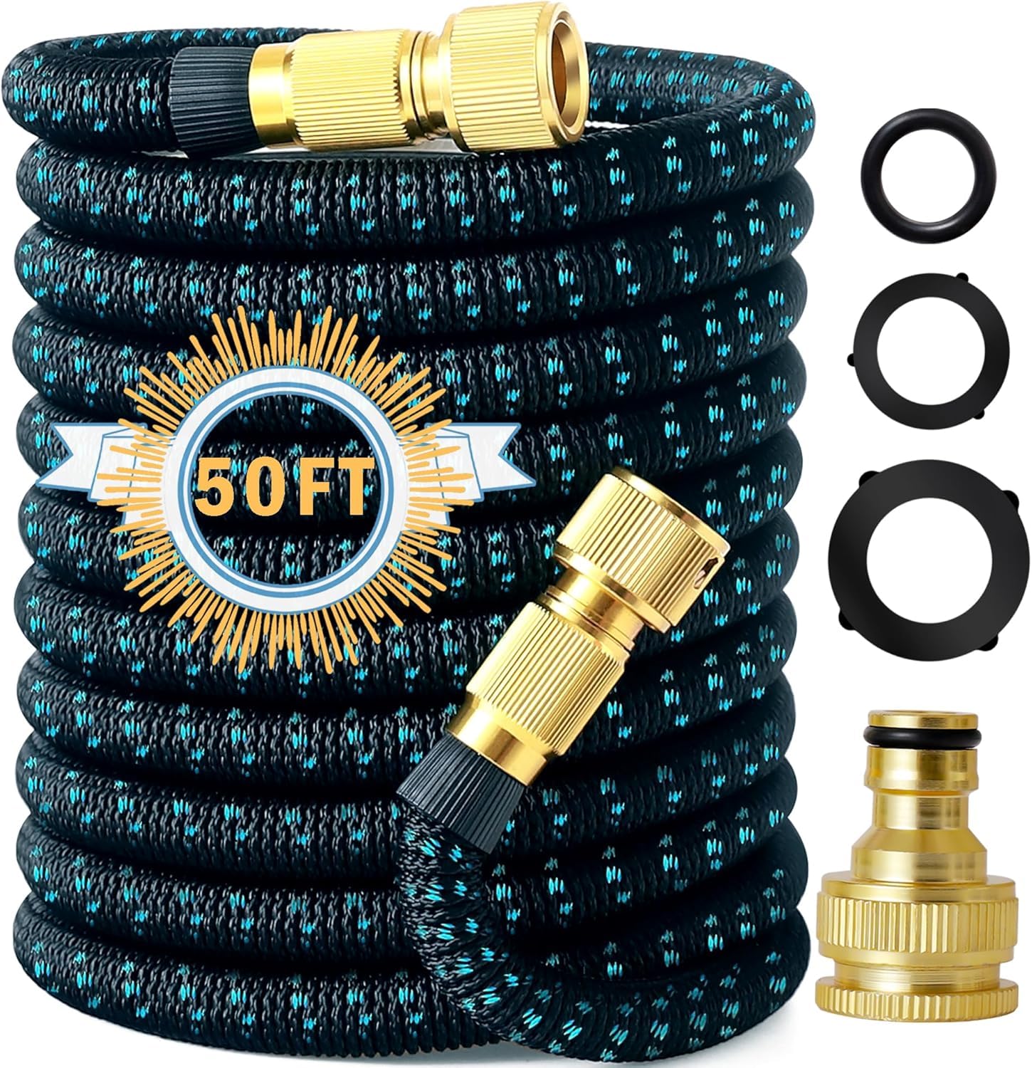 50FT Garden Hose, Retractable Garden Hose, No Kink Flexible Hose - for Garden Watering, car Washing, pet Bathing and More. (Reaching 50FT After Expansion)