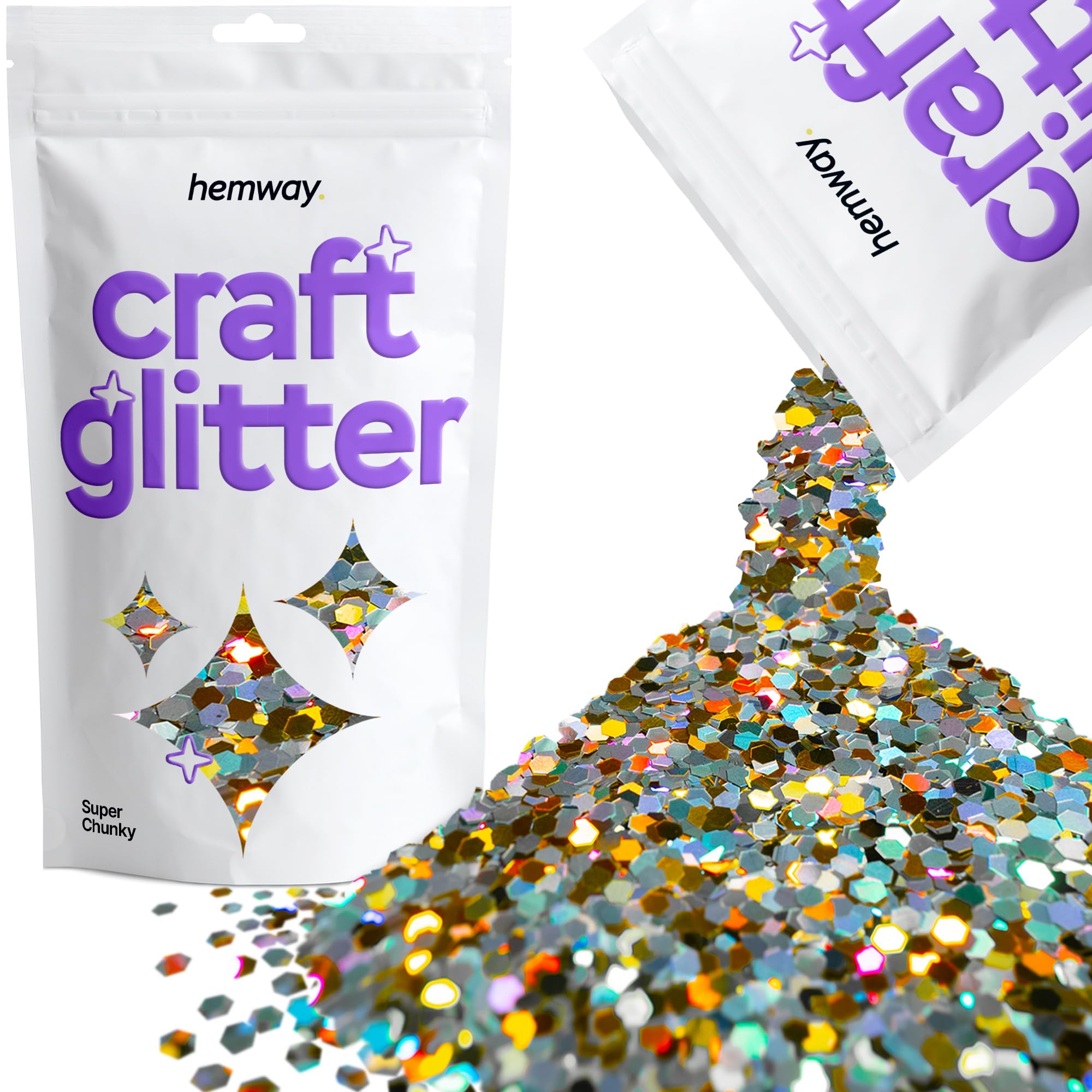 Hemway Craft Glitter Gold Silver Holographic 100g Super Chunky Glitter for Crafts, Resin, Cosmetic, Nail, Face, Body, Festival, Tumblers, Art, Candle, Crafting