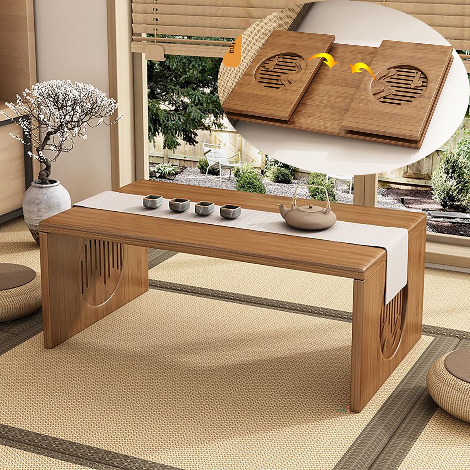 Photo 1 of Folding Coffee Table Bamboo Japanese Floor Table No Assembly Japanese Tea Table, Solid Wood Japanese Low Coffee Table, Portable for Living Room, Home Office, Meditation & Tea Ceremony (Easy Storage)