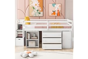 BIADNBZ Full Low Loft Bed with Stairs Storage, Retractable Writing Desk, Shelves and 3 Drawers, Wood Loftbed with Storage Staircase, for Kids Boys Girls Teens, White