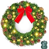 Brightown 24 Inch Pre-Lit Christmas Wreaths for Front Door, IP44 Battery Operated 50 LED Christmas Wreath, Decor with Pinecones Pine Needles Branches Red Berry Mini Bow for Front Door Wall Window